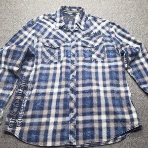 Affliction Men’s 2XL Blue Flannel Shirt Button-Up Long Sleeve Plaid Embroidered